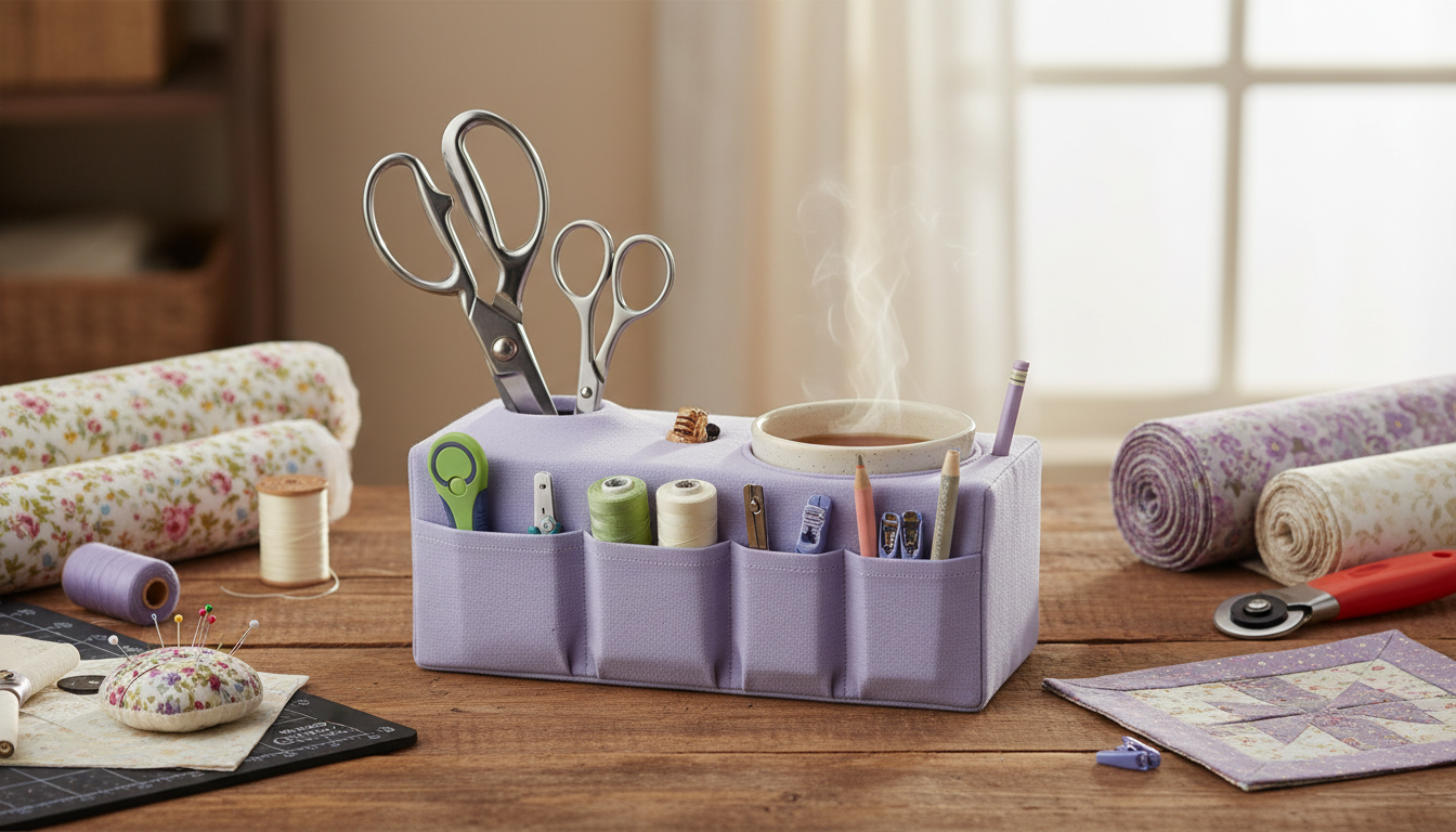 découvrez l'organisateur de table quilter 'sip and snip 2.0' avec poche, un accessoire de couture violet pratique et élégant signé gypsy quilter, idéal pour ranger vos outils de couture avec style.
