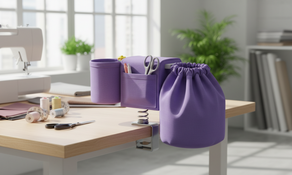 découvrez l'organisateur de table quilter 'sip and snip 2.0' avec poche, accessoire de couture violet pratique et élégant signé gypsy quilter, idéal pour garder vos outils à portée de main.