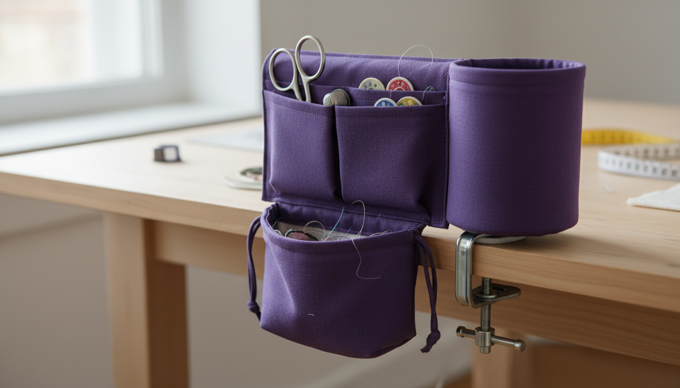 découvrez l'organisateur de table quilter 'sip and snip 2.0' avec poche, un accessoire de couture pratique et élégant en violet, conçu par gypsy quilter pour faciliter vos projets de quilting.