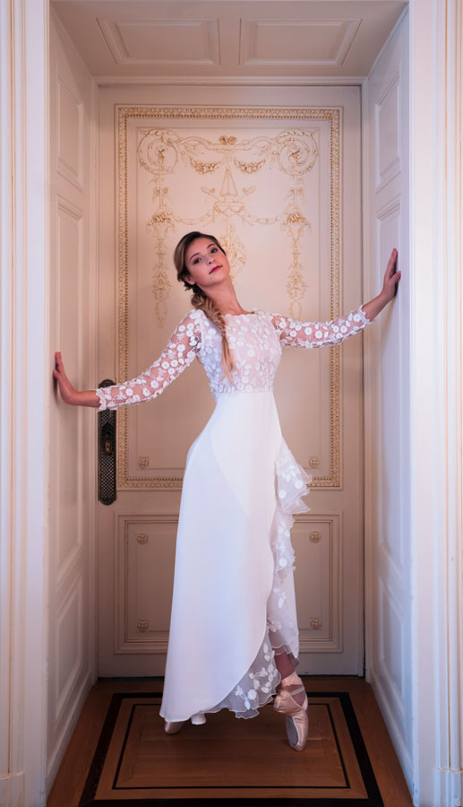 Robe de Mariée Dentelle style romantique de création Claire Silène Vevey Lausanne